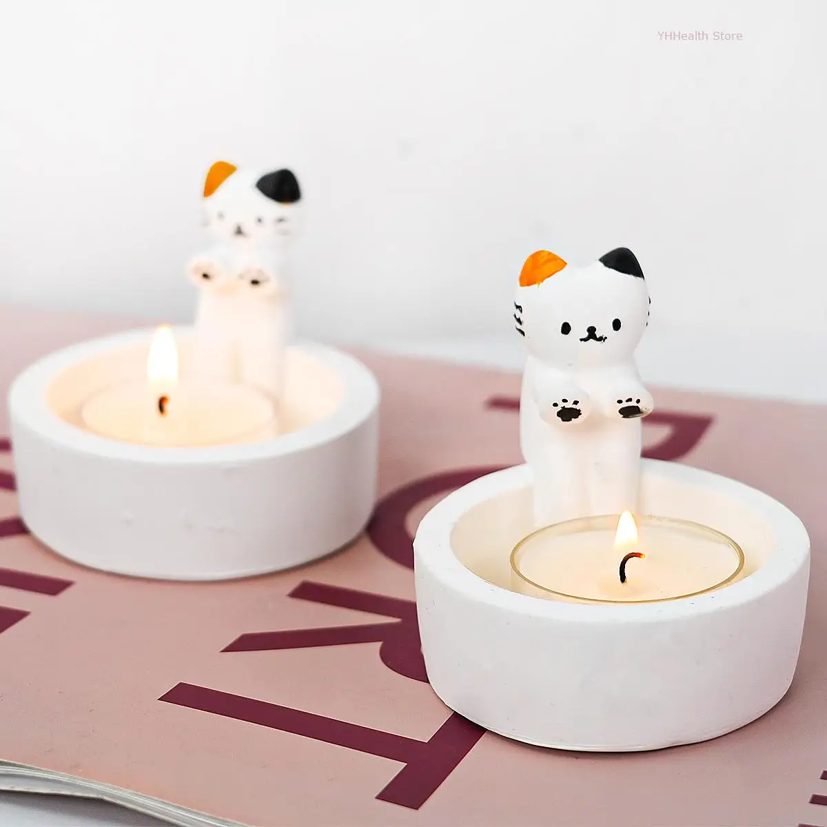 Cute Cat Candle Holder Ornament Mold 3D Scented Candle Mold DIY Cartoon Animal Gypsum Concrete Tea Wax Stand Candle Holder Mould