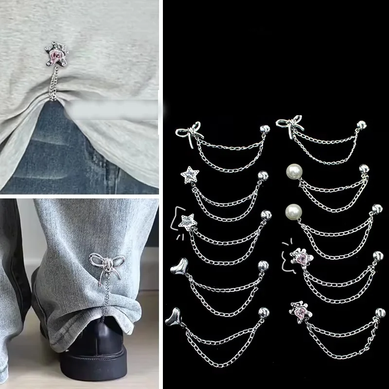 Magnetic Chain Waist Brooch Pearl Bow Star Pin T-shirt Hem Clamp Pants Cuff Fastener Women Daily Clothing Decor Accessories