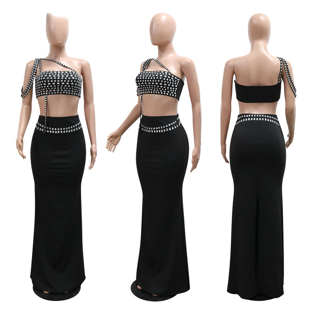 BWQ Women Set Diamonds Hot Rhinestones Strapless Top + Long Skirt Suit Dress Sets Two 2 Piece Set Party Club Night Outfits