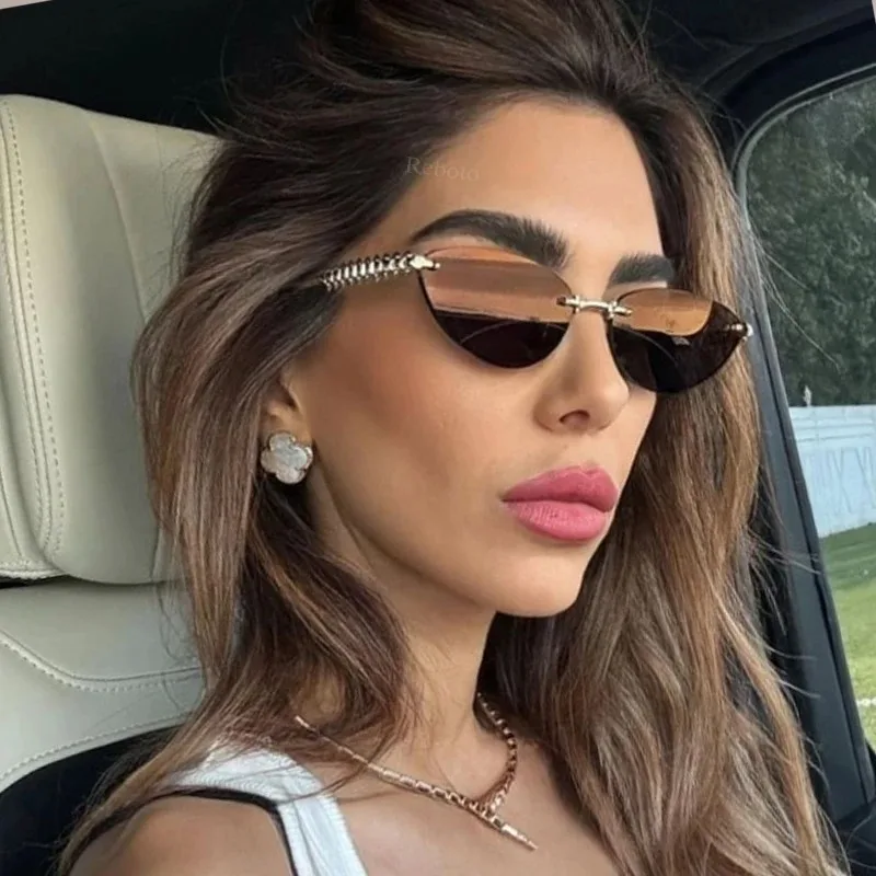 Modische randlose Cat-Eye-Sonnenbrille für Damen und Herren, Metallnieten-Sonnenbrille, für Outdoor, Fahren, Reisen, Strand, Schutzbrille