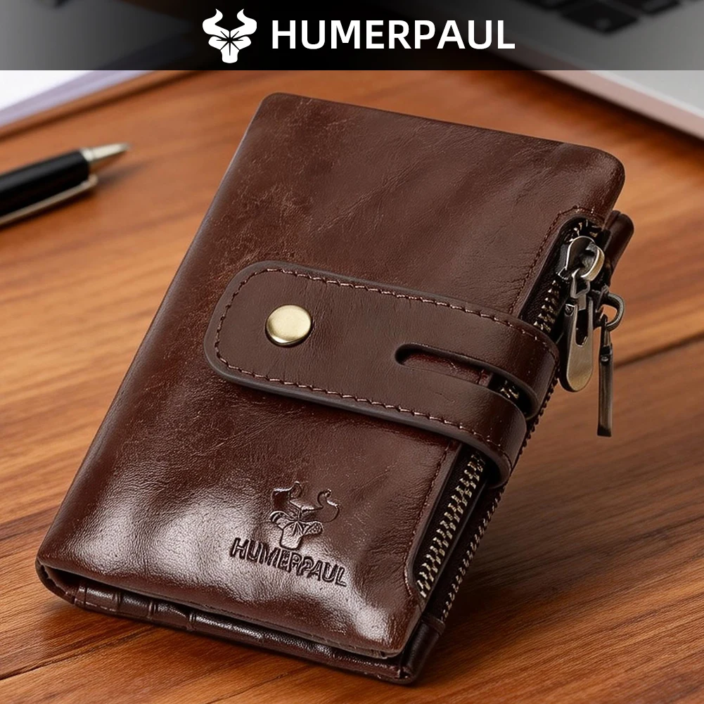 HUMERPAUL Men's Genuine Leather Wallet RFID Card Holder Double Zipper Cowhide Coin Purse Business Carteira