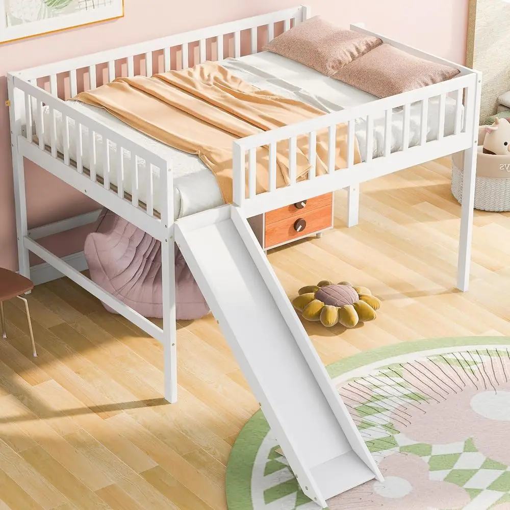 

Full Size Low Loft Bed with Slide, Wooden Ladder and Guardrail, Suitable for Kids, White
