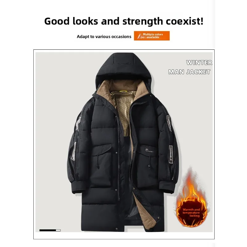 

Black Coat for Teenagers Knee-length Long Cotton-padded Jackets Men's Loose Cotton-padded Outdoor Loose Warm Medium Long Jackets