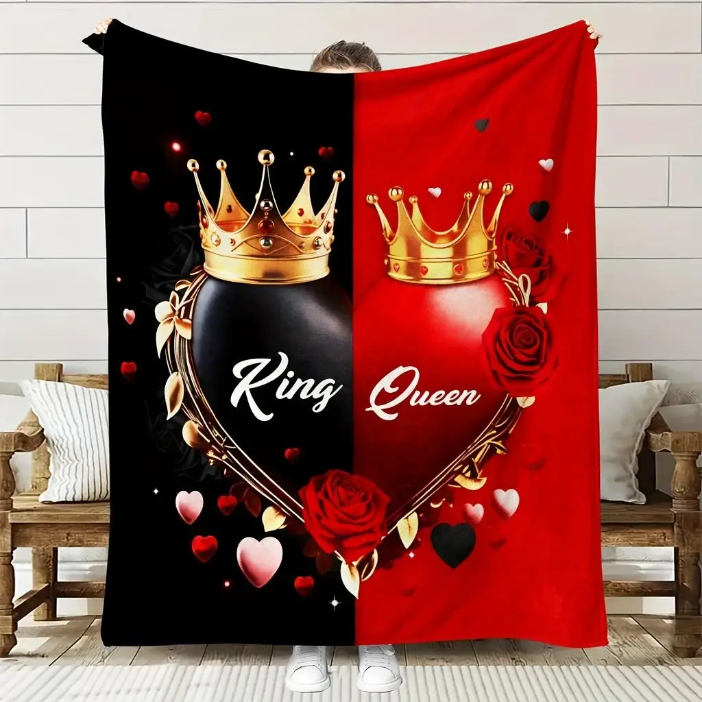 Romantic King Queen Love Couple Blanket Throw Soft Plush Decorative Home Gift for Anniversary Valentines Day