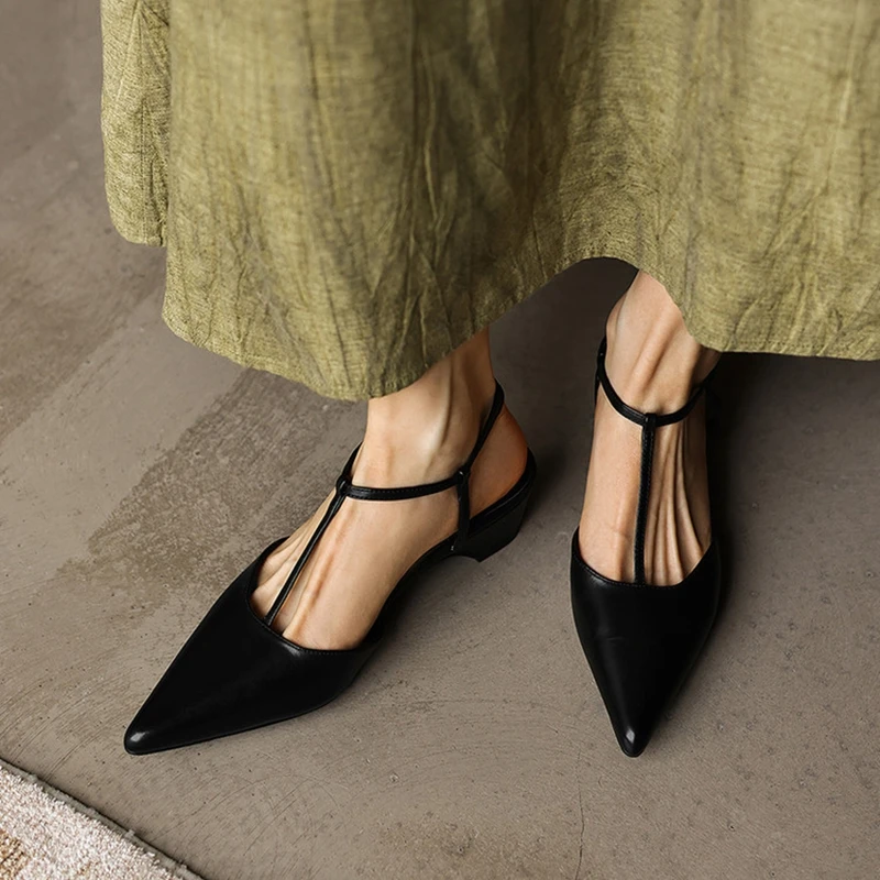NEW Summer Women Sandals Genuine Leather Shoes Women Pointed Toe Chunky Heel Shoes Pointed Toe Slingback Shoes T-strap Sandals image 5