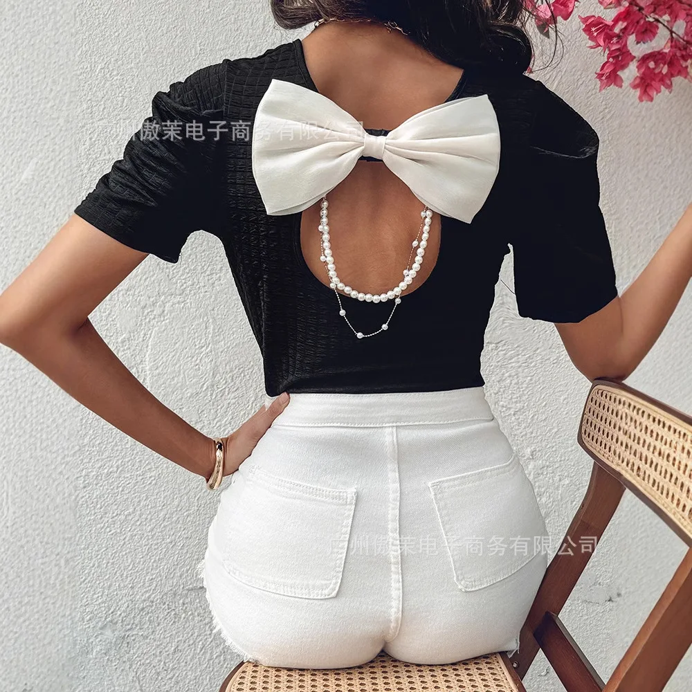 Women Spring Summer Fashion Y2K Bowknot Design Pearls Strap T-Shirt