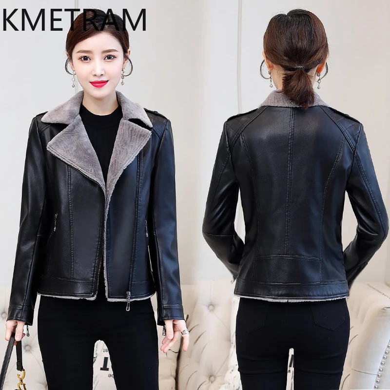 KMETRAM-Veste en cuir véritable pour femme, peau de mouton naturelle, fourrure de moto, vestes courtes en peluche épaissie, automne, hiver