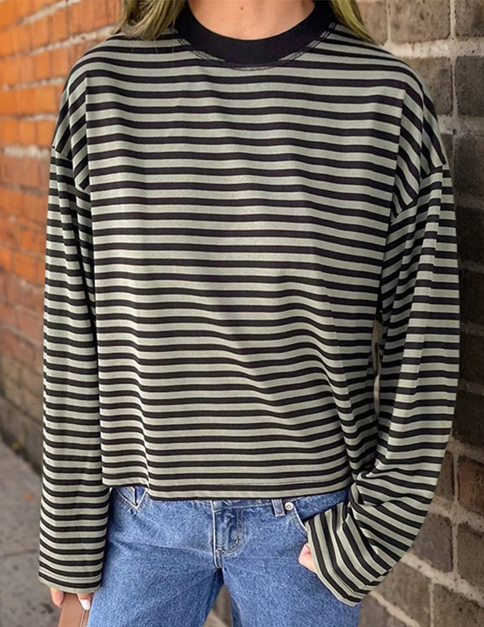 Sudadera Oversize a Rayas con Hombros Caídos Estilo Y2K Preppy para Chicas, Sudadera Holgada con Cuello Redondo, Camiseta Holgada Tipo Pullover