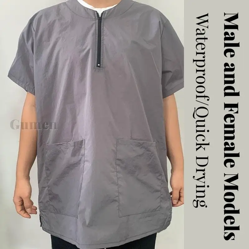 

Серая рабочая одежда унисекс с логотипом для зоомагазина, рабочая одежда для ухода за волосами, мягкий водонепроницаемый дышащий быстросохнущий фартук с антипригарным покрытием для собак и кошек