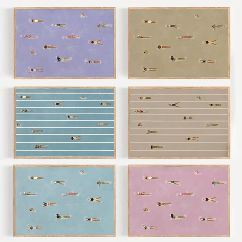 Cartoon Simple Abstract Swimming Competition Swimming Pool Poster Canvas Painting Print Art Pictures Home Room Wall Decor Gif