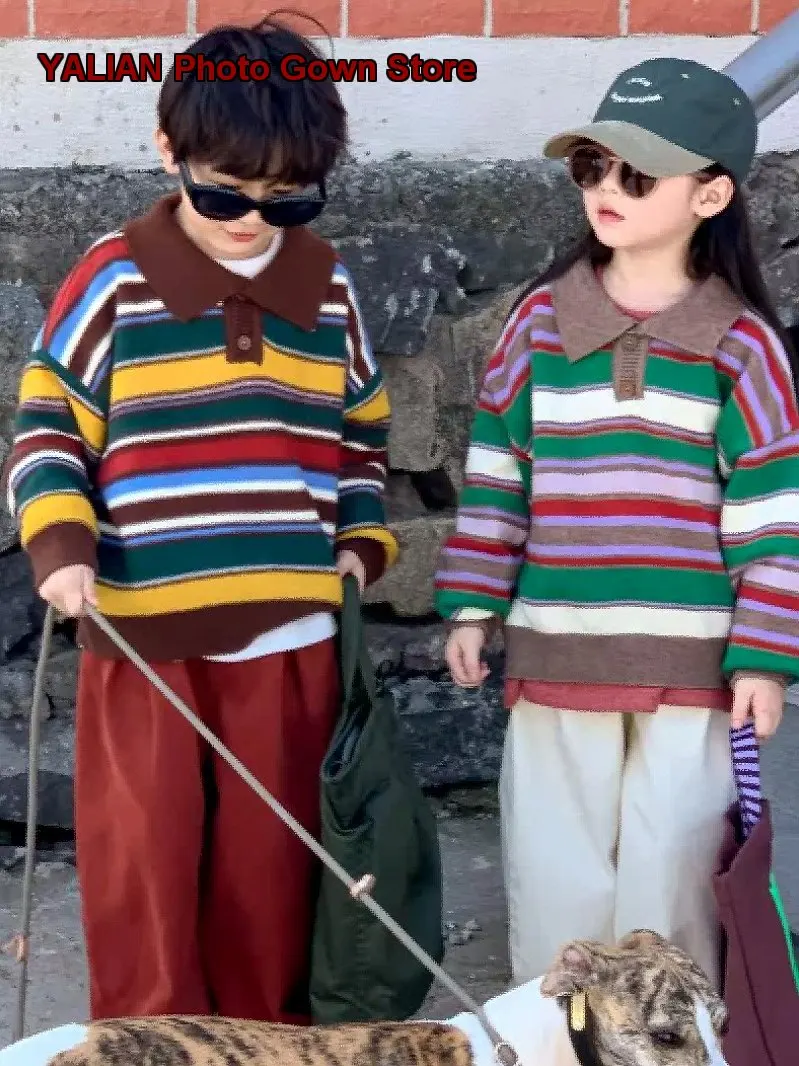 Girls Knit Top Spring Children Long Sleeves Rainbow Brother Sister Boys Polo Collar Jacket Kids