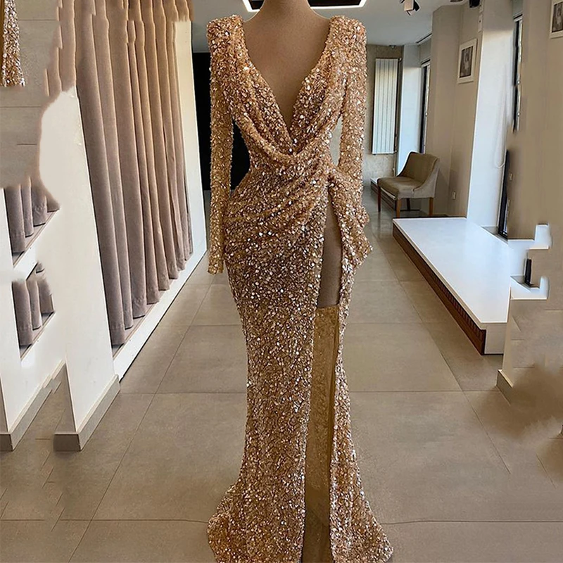 Champagne Women\'s Evening Dresses Sexy V Neck Mermaid Formal Party Sequins Fashion Celebrity Side Split Beach Prom Gowns 2023