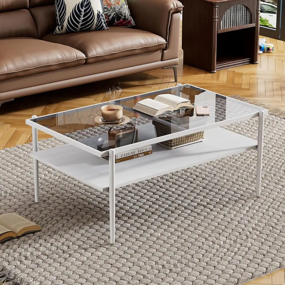 

Modern Coffee Table with Gray Tempered Glass Top and White Wooden Shelf for Living Room, Office, or Bedroom