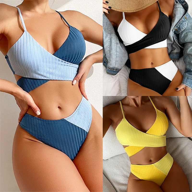 2023 New Solid Color Color Matching Thick Pit Strip Cross Straps High Waist Women Bikini Sexy Swimsuit