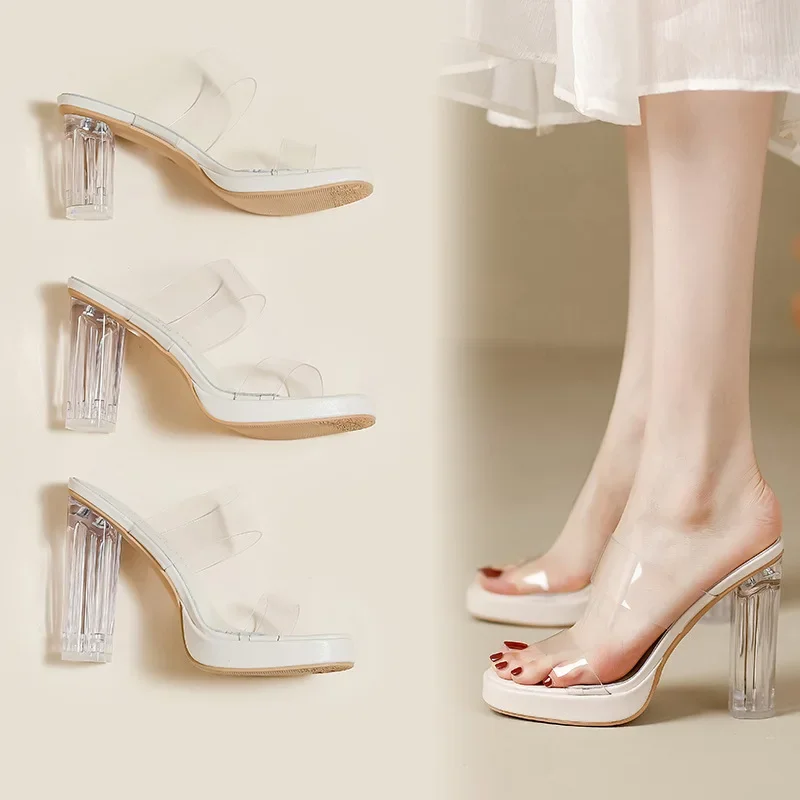 

High-Heeled Shoes Lady Woman's Slippers Low Jelly Slides Square heel Platform 2024 Transparent Summer Block Rome Fabric Scandals
