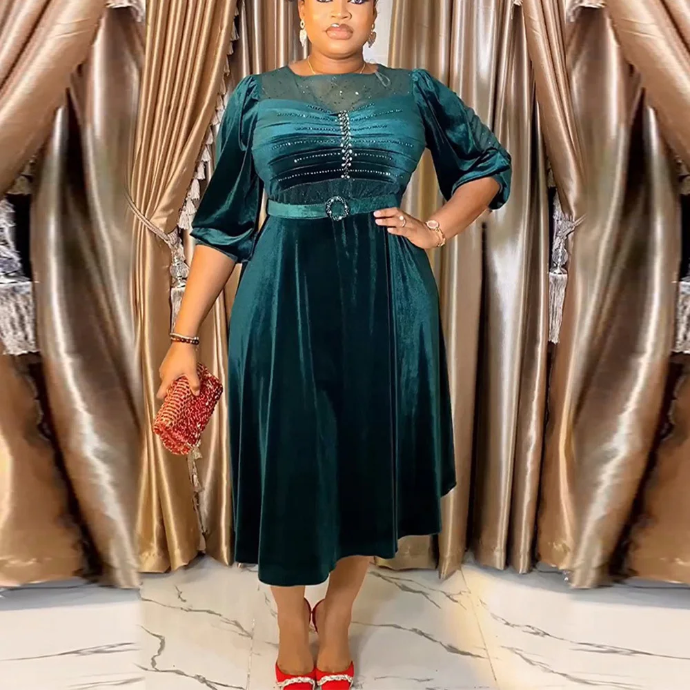 

Elegant African Dresses for Women O Neck Half Sleeve Diamond High Waisted Pleated Mid Calf Party Dress Clothes Customized 2025