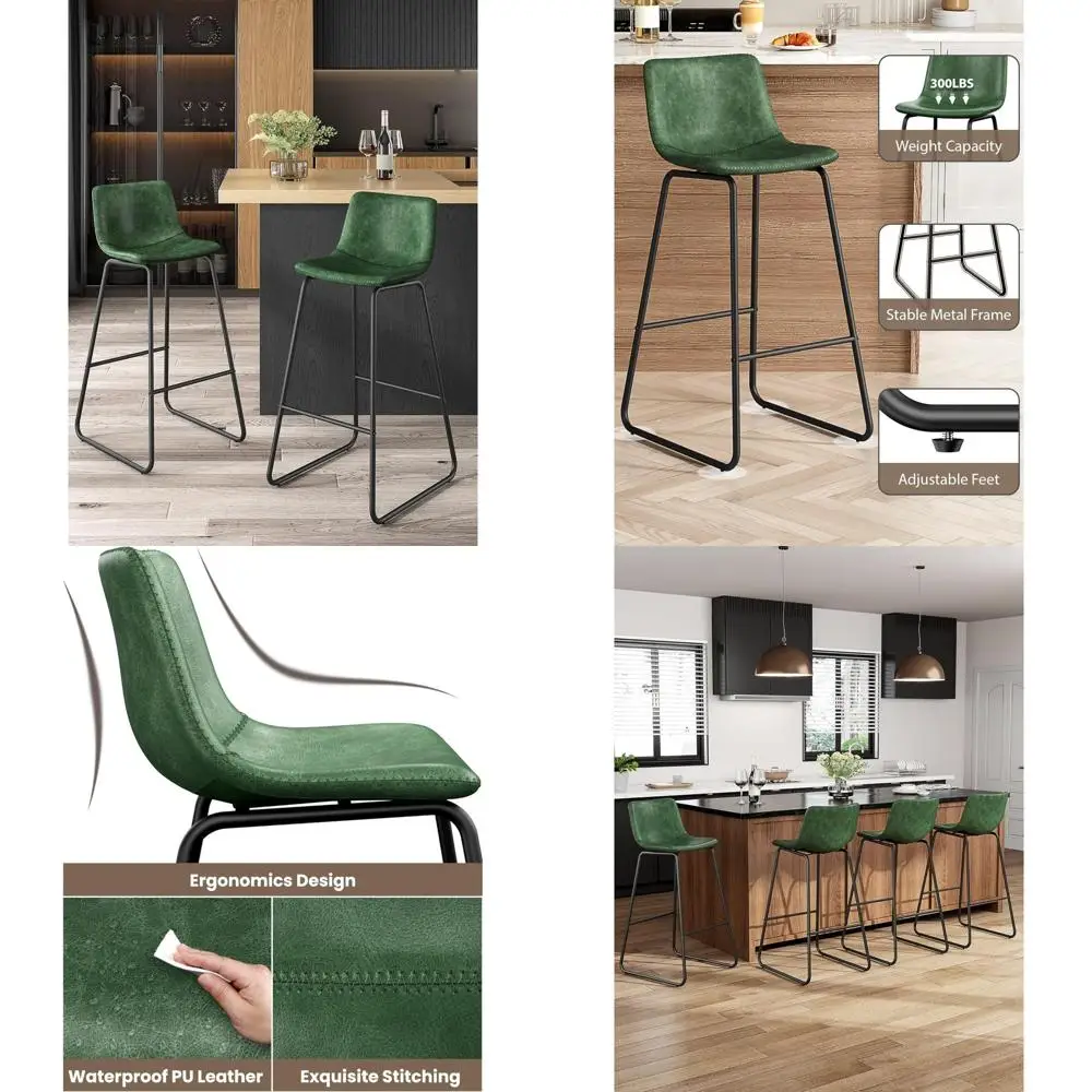 مجموعة مقاعد بار بارتفاع عداد مكونة من قطعتين، جلد صناعي حديث مقاس 30 بوصة مع دعم خلفي وأرجل معدنية ومسند للقدمين للمطبخ الأنيق