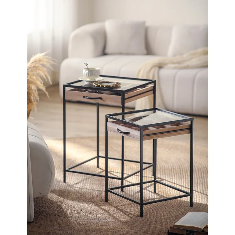 Modern Glass Side Table Set, Iron Frame, Fir Wood, MDF Veneer, Grid Drawer, Industrial Coffee Table, Home Decor, 2 Piece, 7.65kg