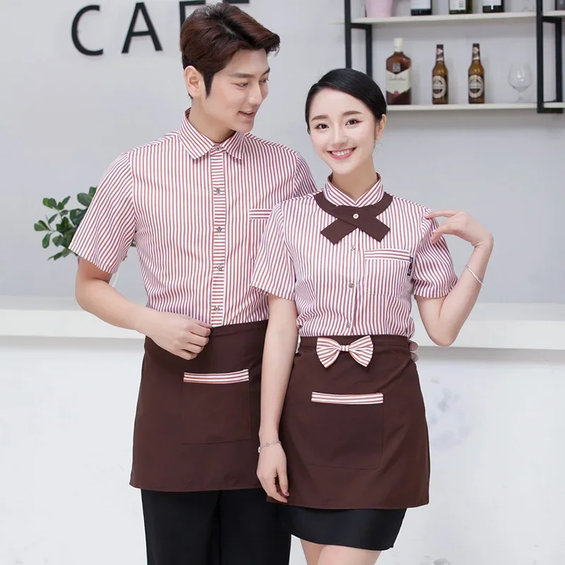 2024 الصيف فندق قصيرة الأكمام نادلة موحدة تقديم الطعام مطعم ملابس العمل هوتبوت النادل عمال كعكة متجر موحدة قميص