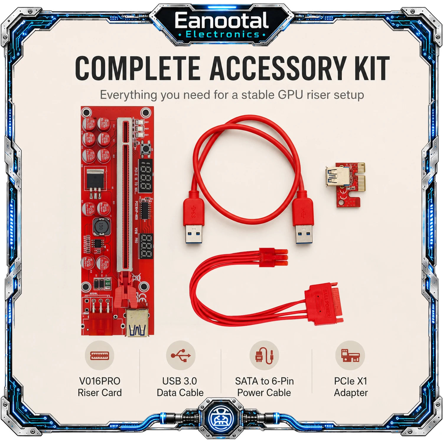 GPU Riser Card PCIe 1X to 16X Extension Adapter Kit, USB 3.0 Cable SATA to 6 Pin Power Supply for Multi Graphics Card Mining Rig