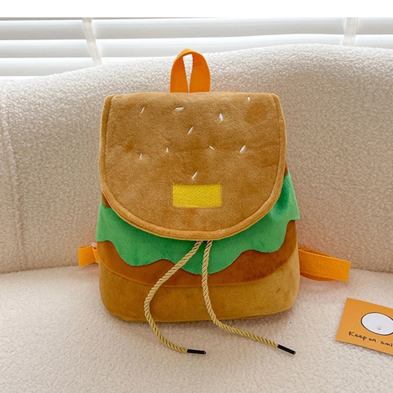 Large Capacity Plush Backpacks Lovely Cartoon Hamburger Backpack Drawstring School Bag Travel Backpack for Students