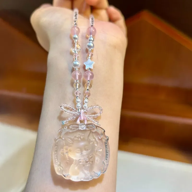 White crystal cat necklace transparent relief cute cat pendant girl heart pink bead bow crystal necklace