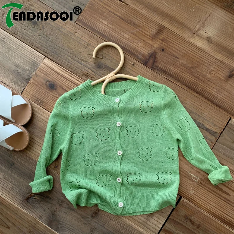 Fashion Baby Boys Girls Kids Summer Air-Conditioned Cardigan Solid Color Knitted Tops Hollow-Out Bear Sweater Coat Children 0-6Y