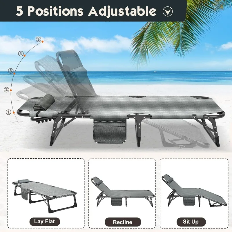 MOFOTO-Folding Lounge Chair, portátil ao ar livre Chaise Lounge Chair, 5 posições, berço dobrável