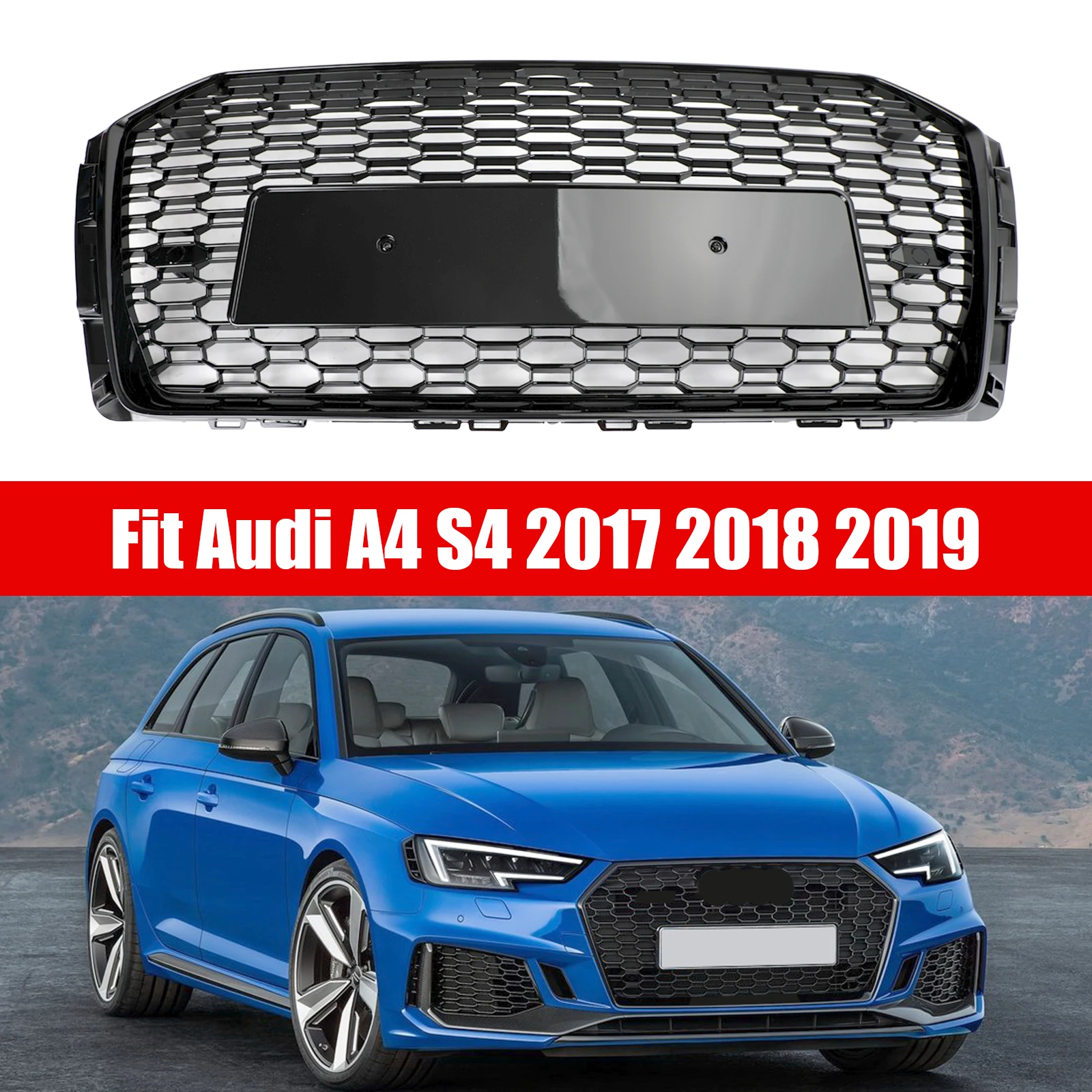 Artudatech RS4 Style Honeycomb Mesh Hex Grille Grill Fit Audi A4/S4 B9 2017-2019 Black