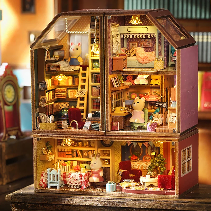 Wooden Dollhouse With Furniture Light Miniaturas Doll House Casa Creative Miniature 3D Puzzle Assembly Models Toys For Children