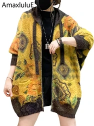Amax luluE 2024 Winter Fashion Warm Clothes Women Luxury Printed Big Size Hooded Sweaters Ladies Casual Vintage Floral Cardigans
