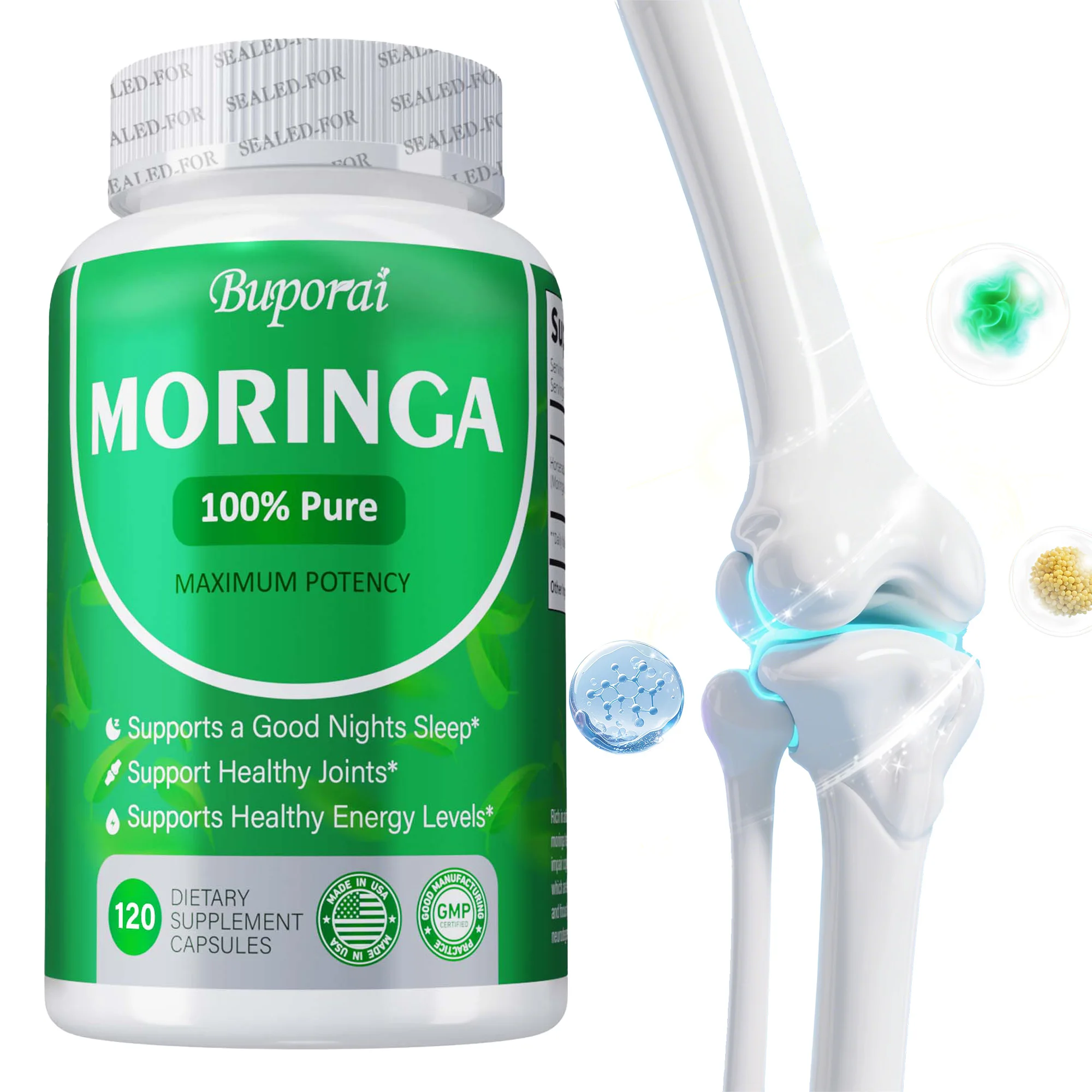 

Moringa Capsules - Boosts Metabolism, Supports Repair of Damaged Cells, Improves Mood, Promote Bone,Immune, Joint Health