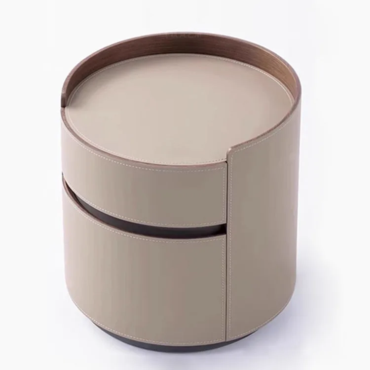 

Simple and modern, saddle leather round solid wood bedside table, Italian minimalist bedside table