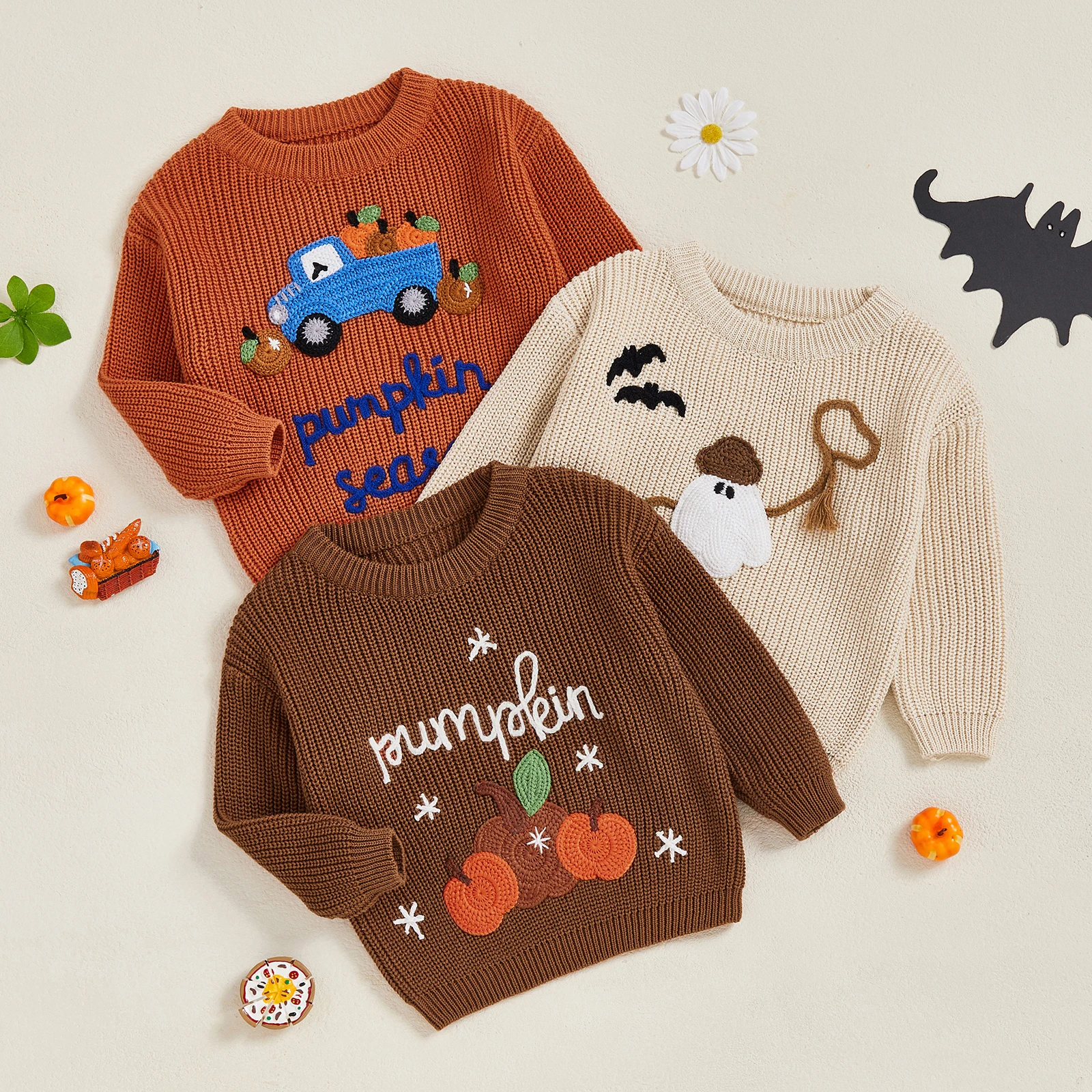 

Tregren Kids Halloween Sweaters Infant Boys Girls Long Sleeve Round Neck Pumpkin/Truck/Ghost Embroidery Tops Toddler Sweatshirts