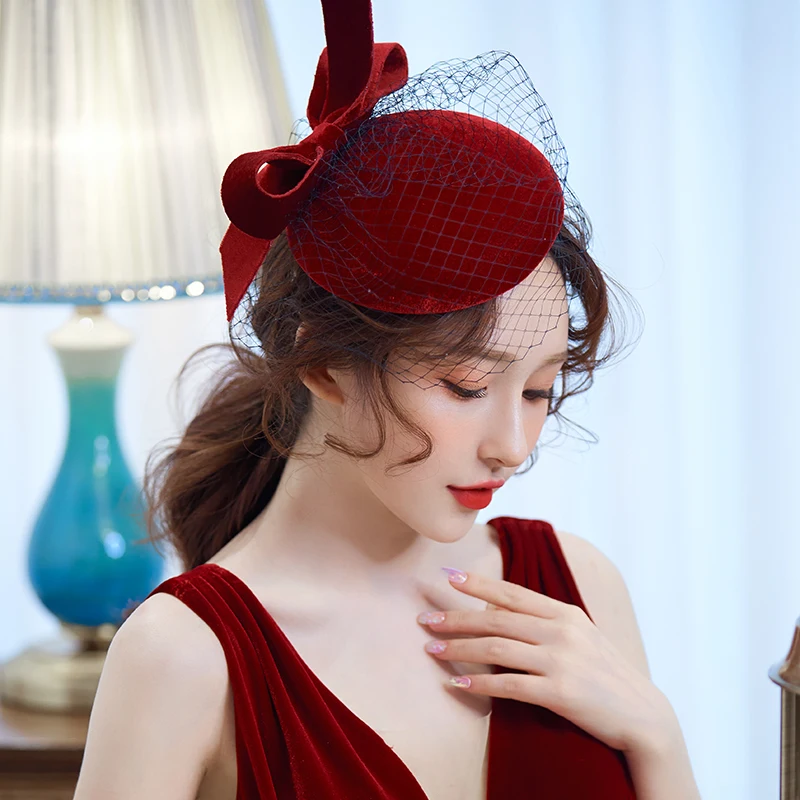 Mini tocado elegante para cóctel real para mujer, tocado para el pelo con lazo de terciopelo de estilo francés Vintage, tocado para fiesta y banquete