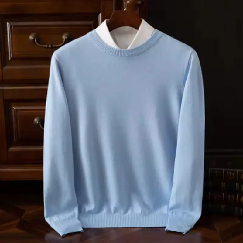 Autumn Winter Men's O-Neck Merino Wool Sweater New Versatile Basic Cashmere Pullover Casual Business Knitwear Sweater