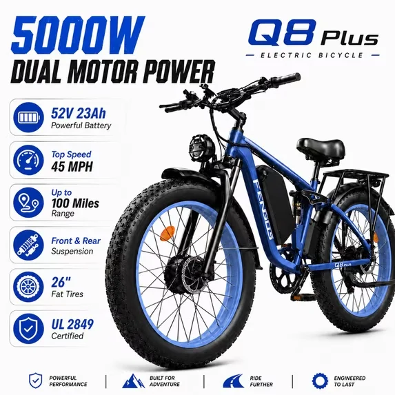 FENGQS Q8PLUS Electric Bike 6000W 5000W Dual Motor for Adults, 26"x4" Fat Tire, 52V/23Ah Battery, 45mph Top 80-100 Miles Range, Full Suspension, UL 2849 image 5