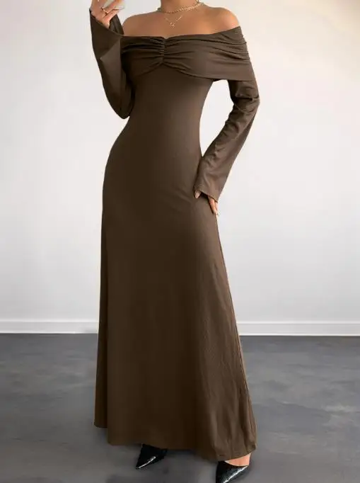 

Women's Dress 2025 Fashion Autumn New Imperial Sister Style Premium Brown One Shoulder Slimming Dress Long Dress for Women