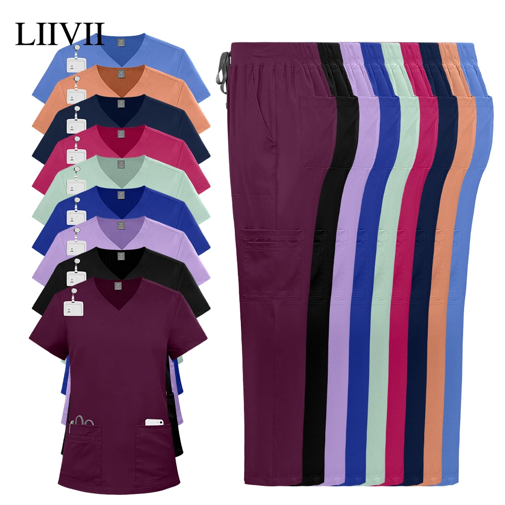 

Wholesale Nurse Uniforms Women Medical Apparel Scrubs Set Summer Work Top Pants Hospital Clothing Surgical Uniforms with Pockets