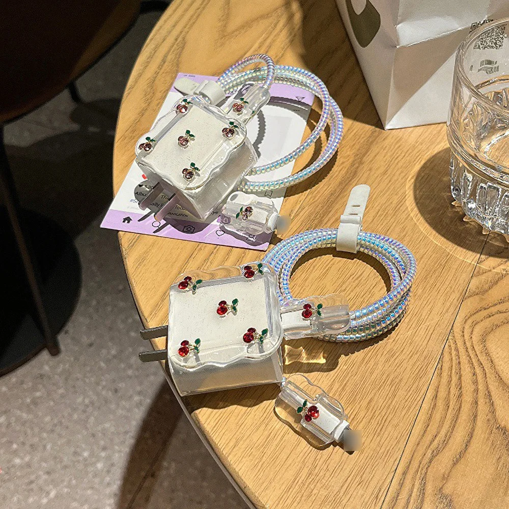 Kawaii Cute Diamond Cherry Wave Border USB Protector Cover For iPhone 18W20W Data Line Head Cord Cable Winder Fast Charging Case