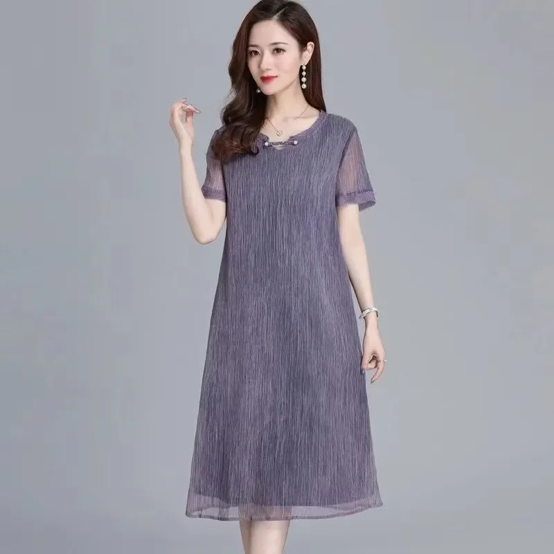 

Women's Summer New Chiffon Dress Hide Belly Slim Knee Length Loose Mother Dress