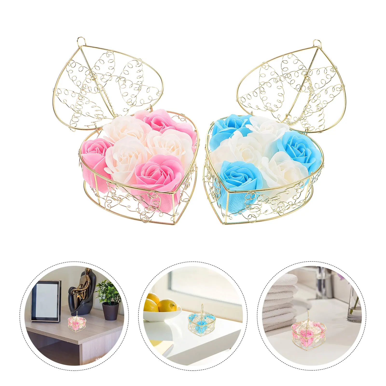 

2pcs Floral Scented Bath Rose Flower Iron Basket Simulated Decorative Soap Flowers Basket Portable Soap Moisturizing