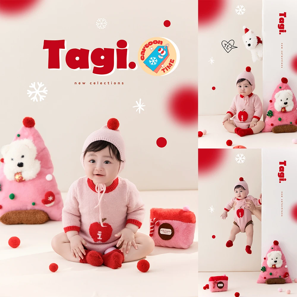 

Professional Photography Props Pink Christmas Themed Knitted Jumpsuit+hat Plush Xmas Decor Props for Studio 100 Days Baby Photo