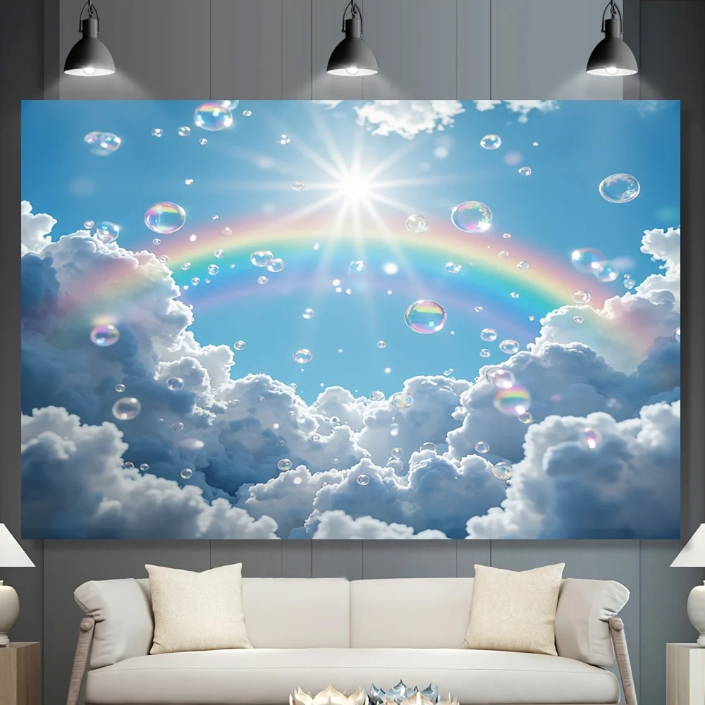 Aesthetic Rainbow Clouds Tapestry Boho Decor Wall Art Dreamy Sky Bubble Landscape Polyester Canvas Print for Living Room Bedroom