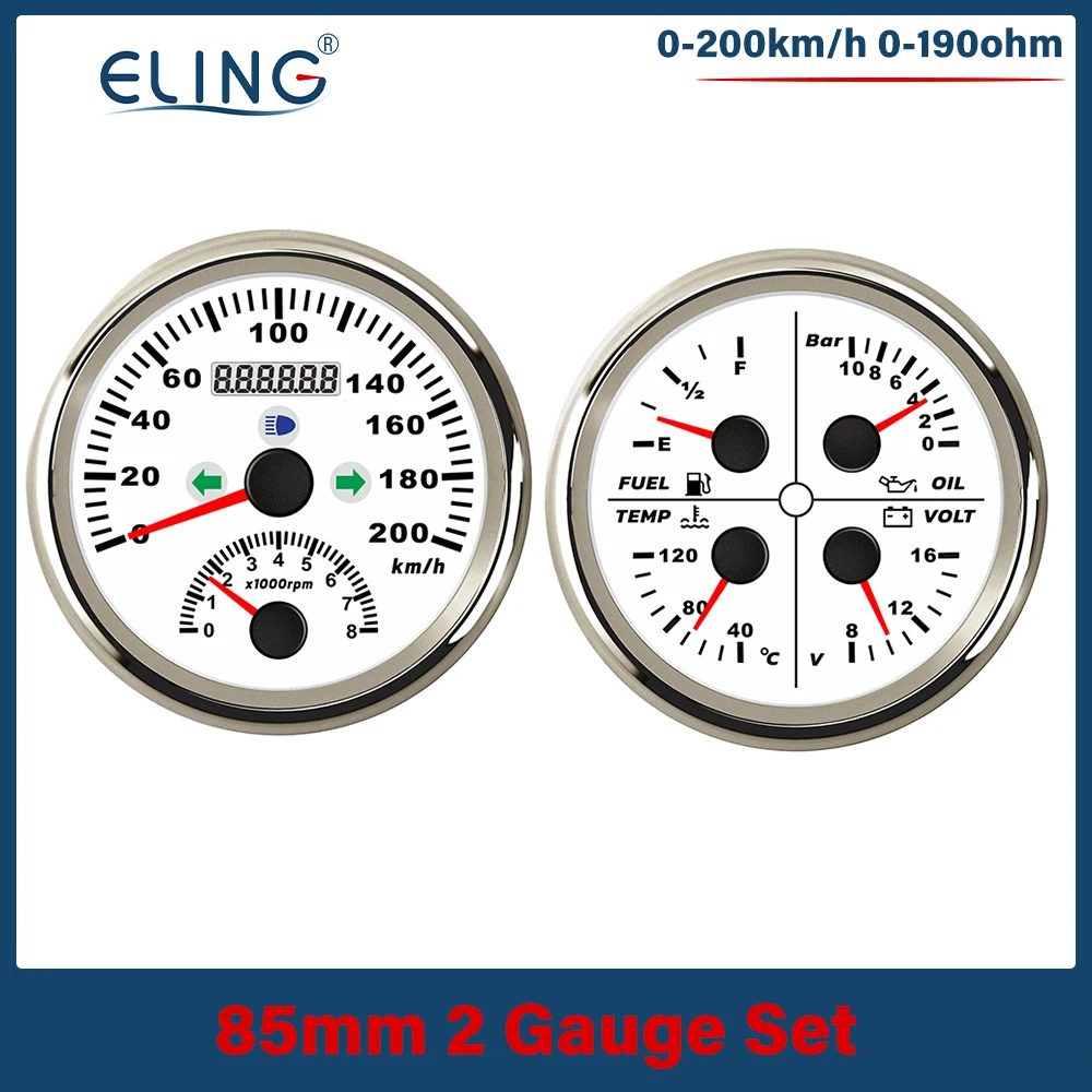 

Комплект из 2-х датчиков ELING 85 мм 4-в-1: указатель уровня топлива, температуры воды, давления масла, вольтметр, GPS-спидометр 0-200 км/ч с тахометром 0-8000 об/мин