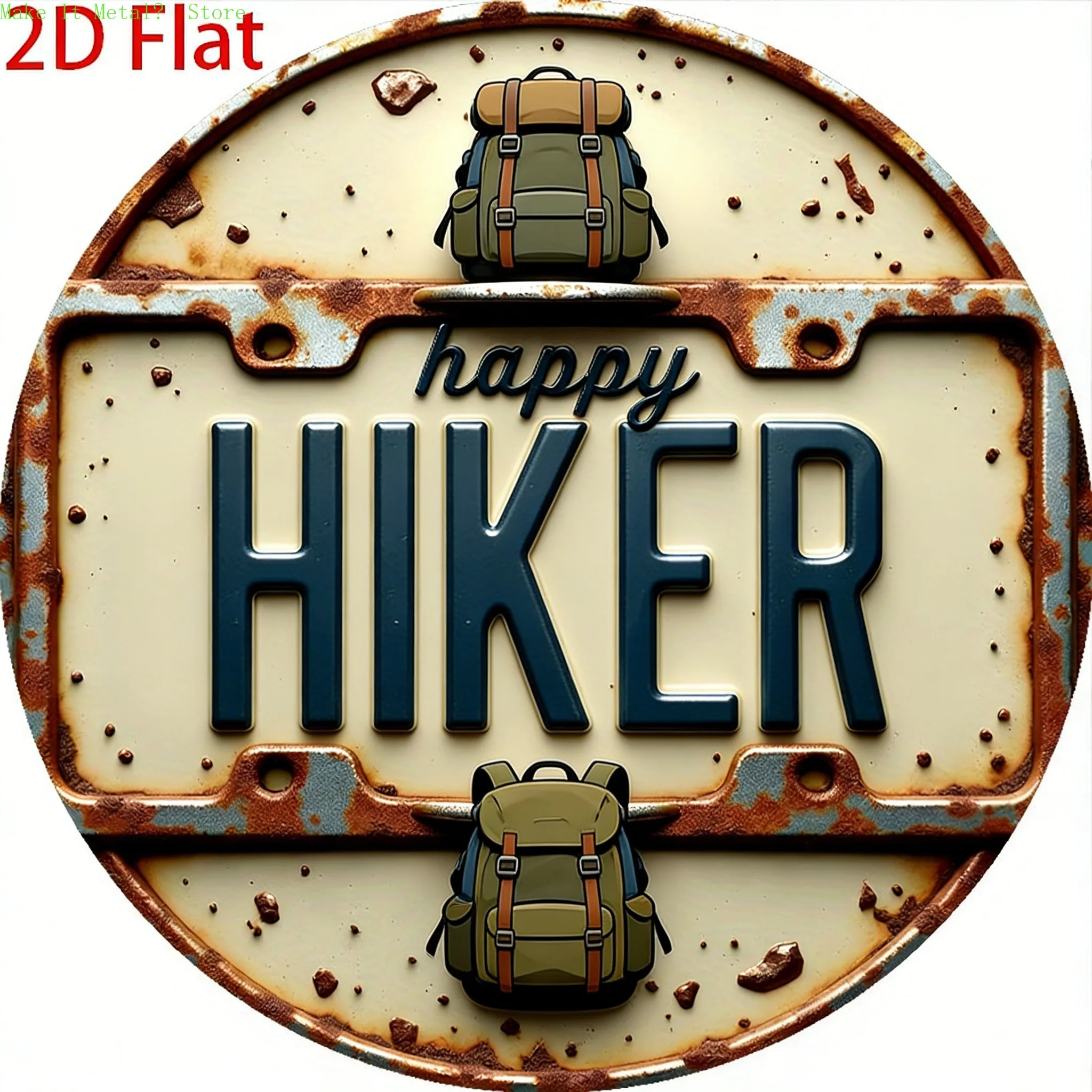 Letrero Metálico Redondo Estilo Placa de Matrícula Vintage Happy Hiker, Impresión Plana 2D, Decoración Rústica de Pared para Entusiastas del Senderismo y Amantes de las Caminatas