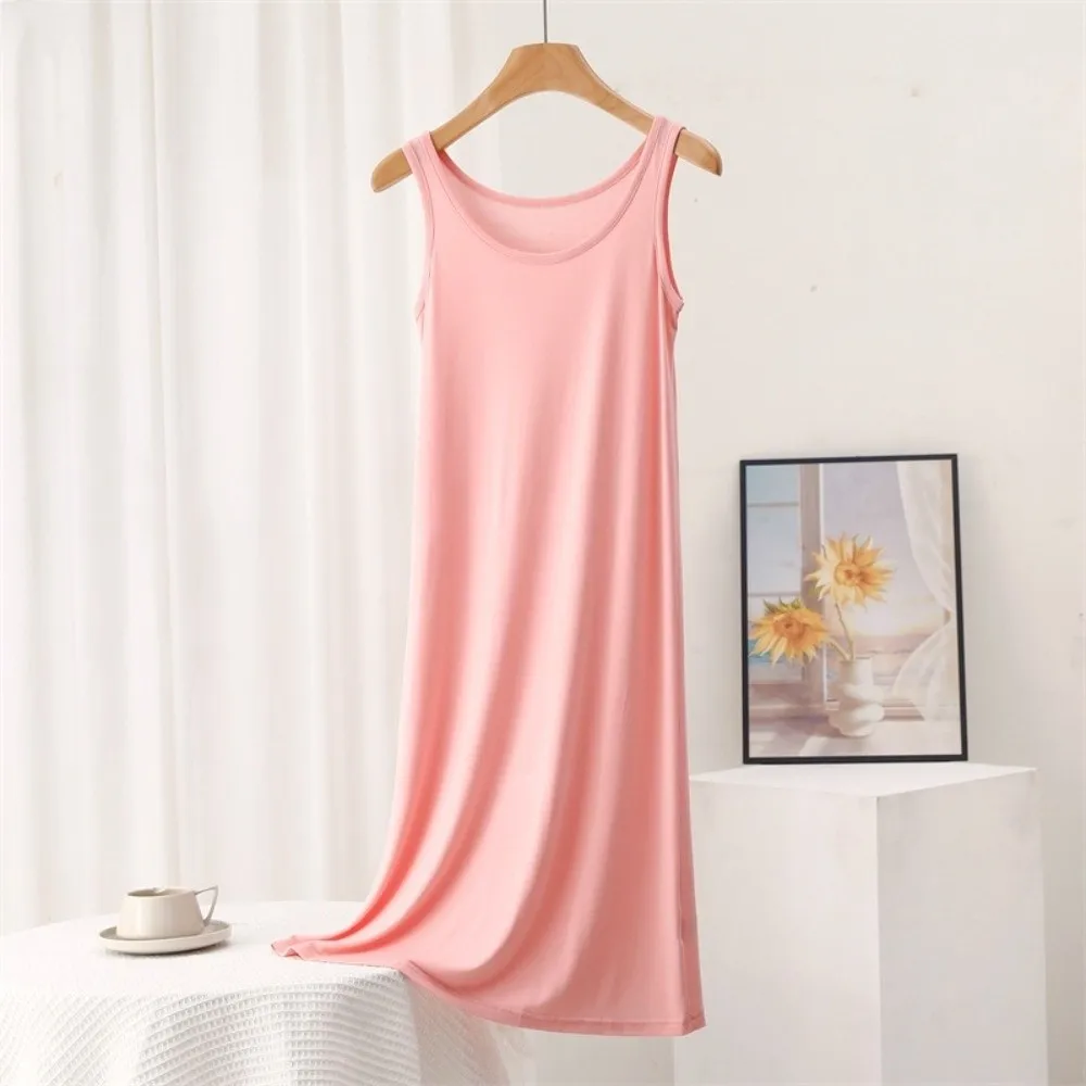 Simple Loose A- Line Skirt Solid Color Modal Mid-length Dress Casual Sleeveless Nightdress Summer
