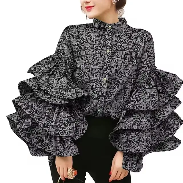 Camisa de vestir africana con cuello levantado, blusas de manga acampanada para mujer, Top de algodón con estampado de cera, ropa de talla grande para mujer, fiesta y boda