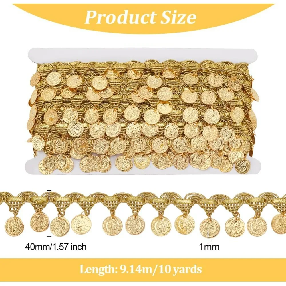 1Roll 10 Yards Gold Coin Shape Sequin Tassel Trim Sequins Lace Tassel Fringe Trim 1.6 Inchm Width Sequins Tassel Lace Ribbon