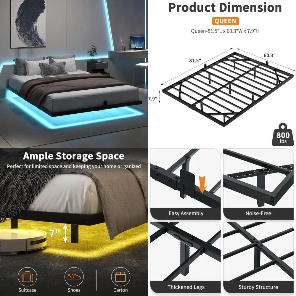 Queen Size Modern Metal Platform Bed Frame with LED Lights, Heavy Duty Steel Slats Support